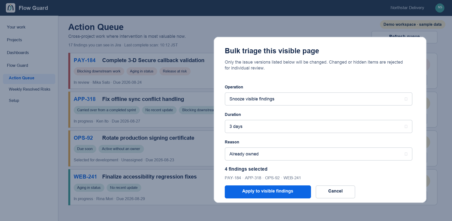 Sample Flow Guard bulk triage confirmation for visible Jira findings