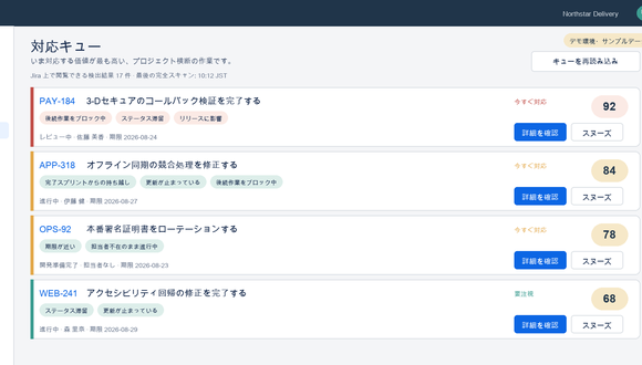 4件の説明用 Jira 課題を対応優先度順に表示した Flow Guard 要対応リスト